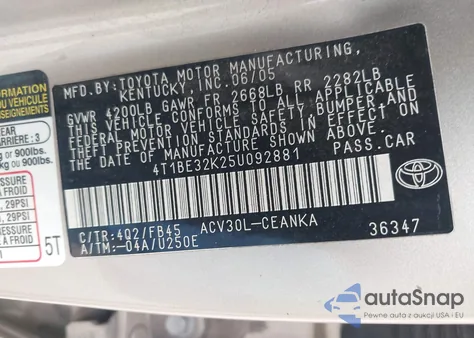 2005 Toyota Camry Std z USA, uszkodzony, nr VIN 4T1BE32K25U092881